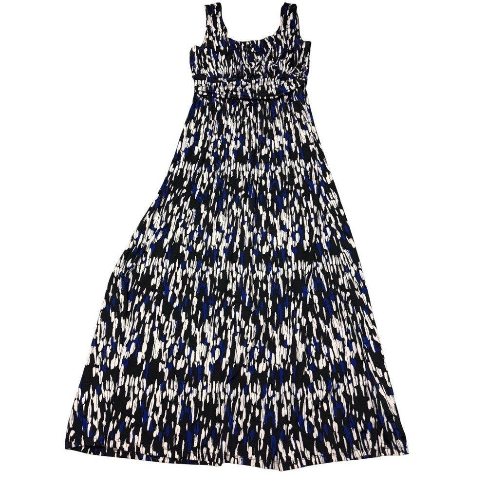 AB Studio Babydoll Waist Maxi Dress Blue Black White Abstract Print Womens L 90s